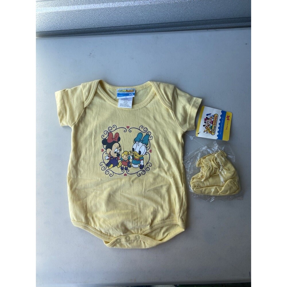 VTG Disney Babies Bodysuit 6-9M NWT Minnie Mouse Daisy Duck Yellow Booties Set